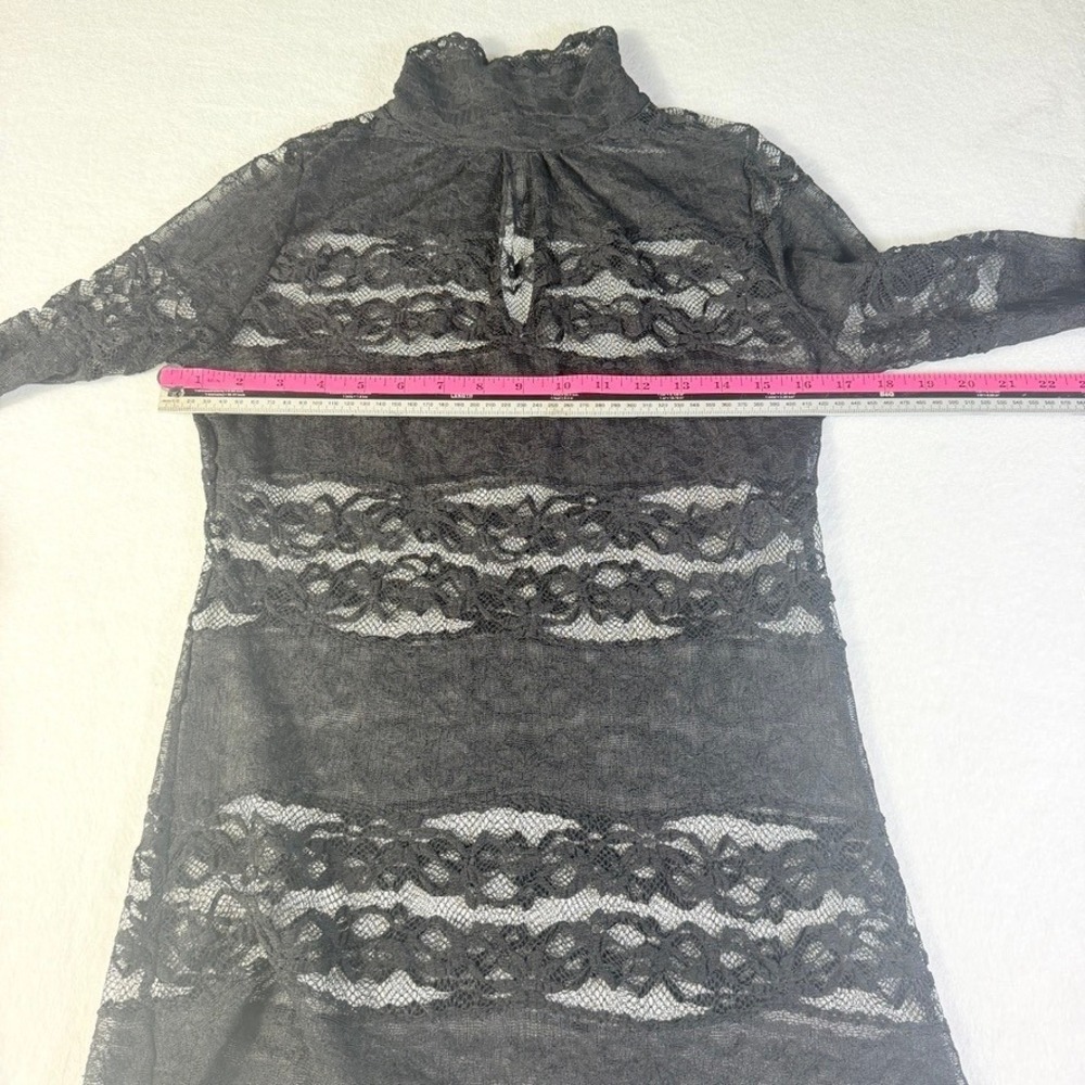 Black Sheer Floral Lace Mock Neck Long Sleeve Blouse Keyhole Mesh Top - Picture 5 of 15